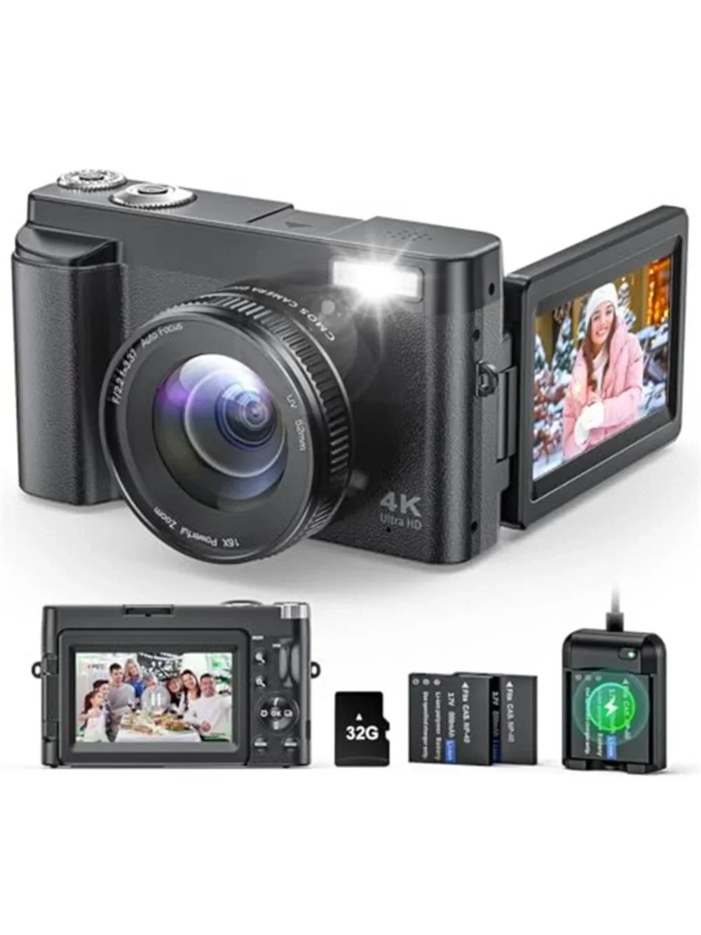 4K Digital Camera for Beginners & Teens, with Flip Screen, 32G Card